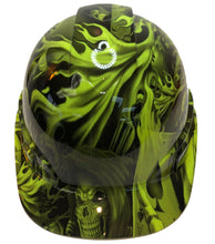 Load image into Gallery viewer, Custom Hydro Dipped Hard Hat Ridgeline Cap Style Hi Vis Green Ace Of Skulls
