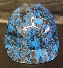 Load image into Gallery viewer, Hydro Dipped Hard Hat MSA Cap Style Blue Filigree Skulls
