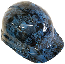 Load image into Gallery viewer, Hydro Dipped Hard Hat Ridgeline Cap Style Custom Light Blue Filigree Skulls
