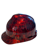 Load image into Gallery viewer, Hard Hat MSA Cap Style Custom Hydro Dipped Kandy Red Negative Insanity Skulls
