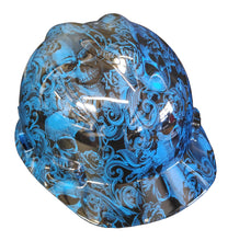 Load image into Gallery viewer, Hydro Dipped Hard Hat MSA Cap Style Blue Filigree Skulls
