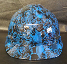 Load image into Gallery viewer, Hydro Dipped Hard Hat MSA Cap Style Blue Filigree Skulls
