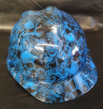 Load image into Gallery viewer, Hydro Dipped Hard Hat MSA Cap Style Blue Filigree Skulls
