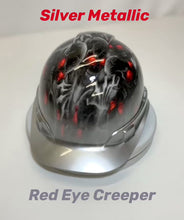 Load and play video in Gallery viewer, Hard Hat Ridgeline Cap Style Custom Silver Metallic Creeper Red Eye With Silver Metallic Brim
