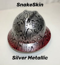 Load and play video in Gallery viewer, Custom Hydro Dipped Silver Metallic Snakeskin Over Red Brim Hard Hat MSA V-Gard  Full Brim

