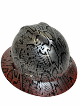 Load image into Gallery viewer, Custom Hydro Dipped Silver Metallic Snakeskin Over Red Brim Hard Hat MSA V-Gard  Full Brim
