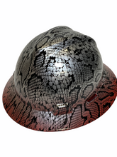Load image into Gallery viewer, Custom Hydro Dipped Silver Metallic Snakeskin Over Red Brim Hard Hat MSA V-Gard  Full Brim

