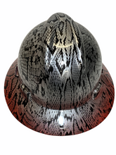 Load image into Gallery viewer, Custom Hydro Dipped Silver Metallic Snakeskin Over Red Brim Hard Hat MSA V-Gard  Full Brim
