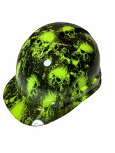 Load image into Gallery viewer, Hard Hat Ridgeline Cap Style Custom Hi Vis Green Small Flaming Skulls
