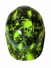 Load image into Gallery viewer, Hard Hat Ridgeline Cap Style Custom Hi Vis Green Small Flaming Skulls
