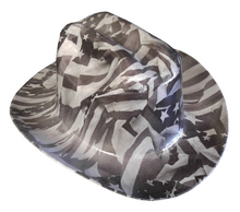 Load image into Gallery viewer, Custom Hydro Dipped Western Outlaw Hard Hat Gray Midnight American Flags Cowboy Hat
