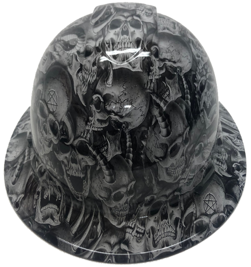 Custom Hydro Dipped Hard Hat White Demented Skulls Full Brim Ridgeline
