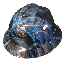 Load image into Gallery viewer, Hard Hat MSA Full Brim Custom Blue Lightning Hydro Dipped
