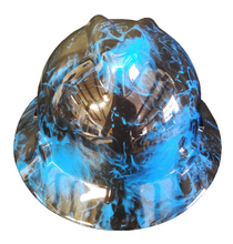 Load image into Gallery viewer, Custom Hard Hat MSA V-Gard Full Brim Blue Flaming Skulls
