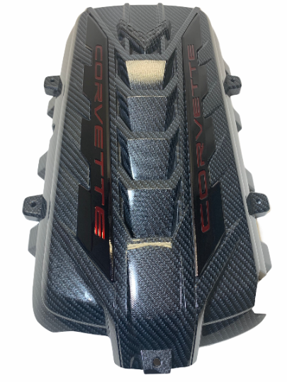 Custom Hydro Dipped 2020+ Corvette Engine Cover Sport Carbon Fiber With Corvette Red Letters