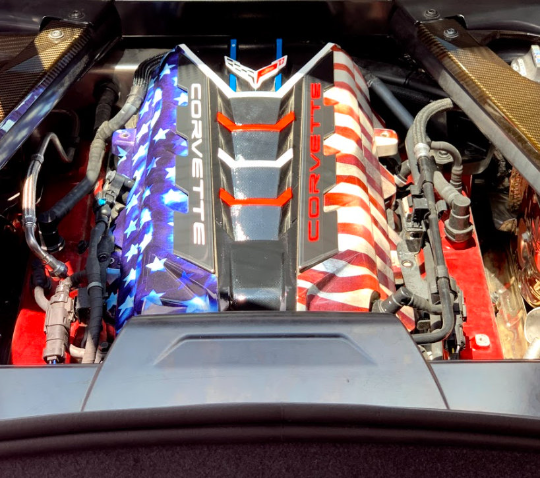Custom Hydro Dipped 2020+ Corvette Engine Cover Stars and Stripes With Corvette Red letters