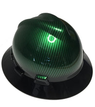 Load image into Gallery viewer, Custom Hard Hat Kandy Green Carbon Fiber Hydro Dipped with Black Brim MSA V-Gard Full Brim
